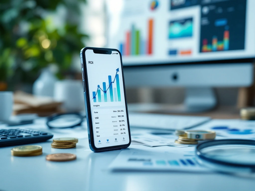 Professionele werkplek met smartphone die analysegegevens toont, rekenmachine, eurobiljetten, marketingrapporten en monitorscherm met social media-statistieken in zakelijke sfeer.