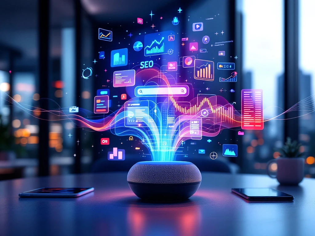Moderne slimme speaker op minimalistisch bureau met blauw-paarse geluidsgolven die veranderen in SEO-grafieken, in futuristisch kantoor met uitzicht op 2025-stadslandschap.