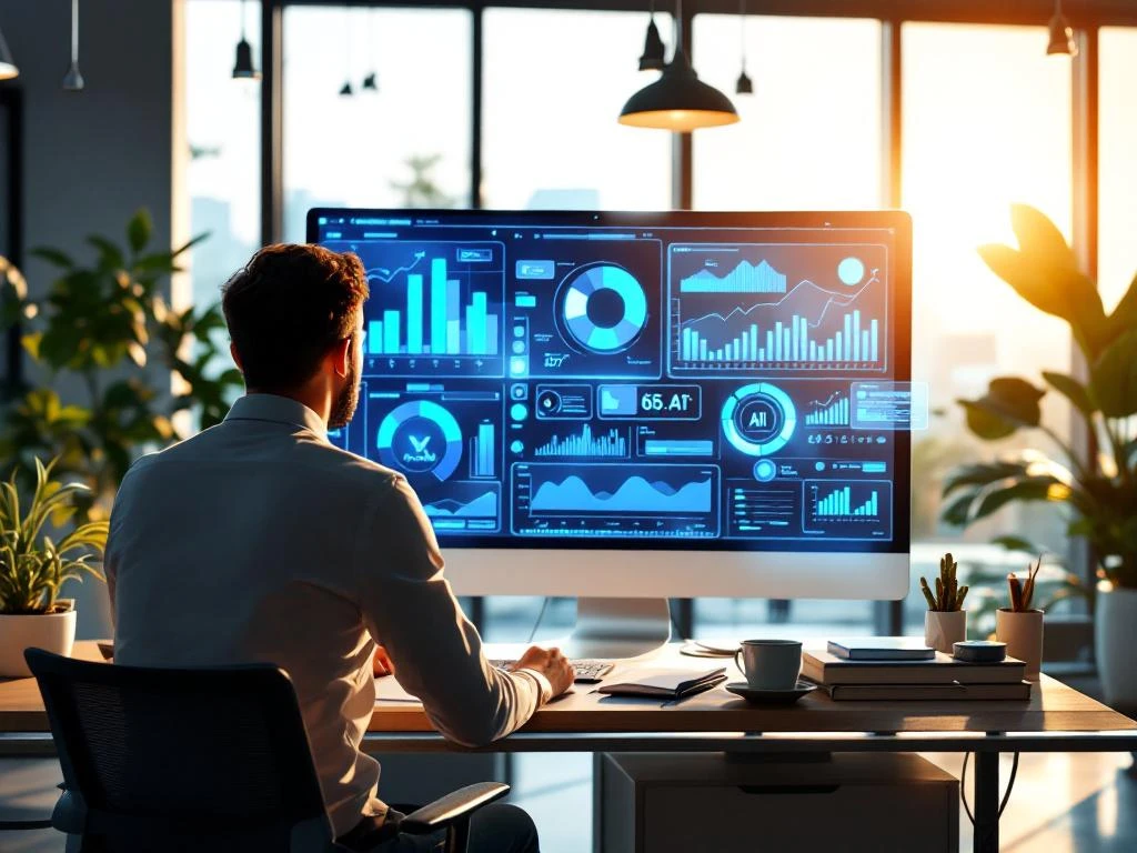 Marketingprofessional voor geavanceerd holografisch AI-dashboard met zwevende datavisualisaties in futuristisch kantoor met blauw-paarse technologische gloed.
