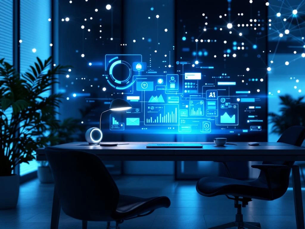 Futuristische werkplek met holografische AI-interfaces, elegante laptop en slim assistent-apparaat in minimalistische blauwe omgeving voor digitale recruitment.