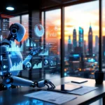 Futuristisch marketingwerkstation met holografisch dashboard en robotarm die naar een menselijke hand reikt, symboliserend AI-menselijke samenwerking in marketing.