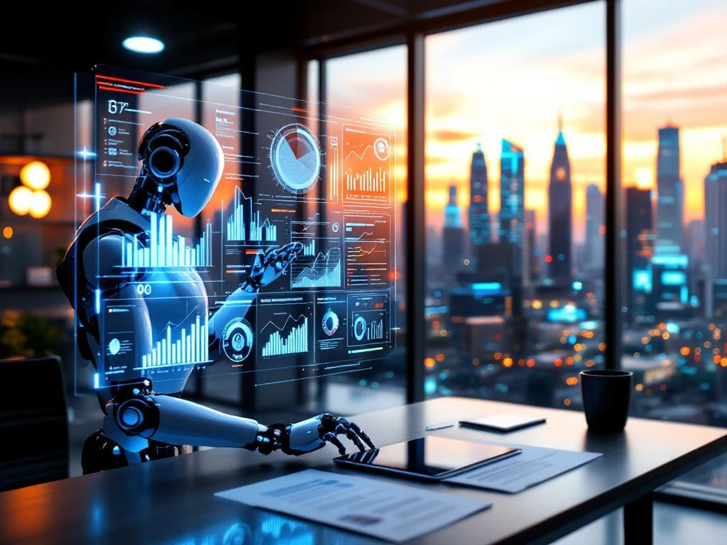 Futuristisch marketingwerkstation met holografisch dashboard en robotarm die naar een menselijke hand reikt, symboliserend AI-menselijke samenwerking in marketing.