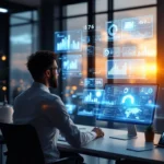 Marketingprofessional en holografische AI-assistent werken samen aan zwevende data-analyses in futuristisch kantoor met paarse en blauwe grafieken in warm ochtendlicht.