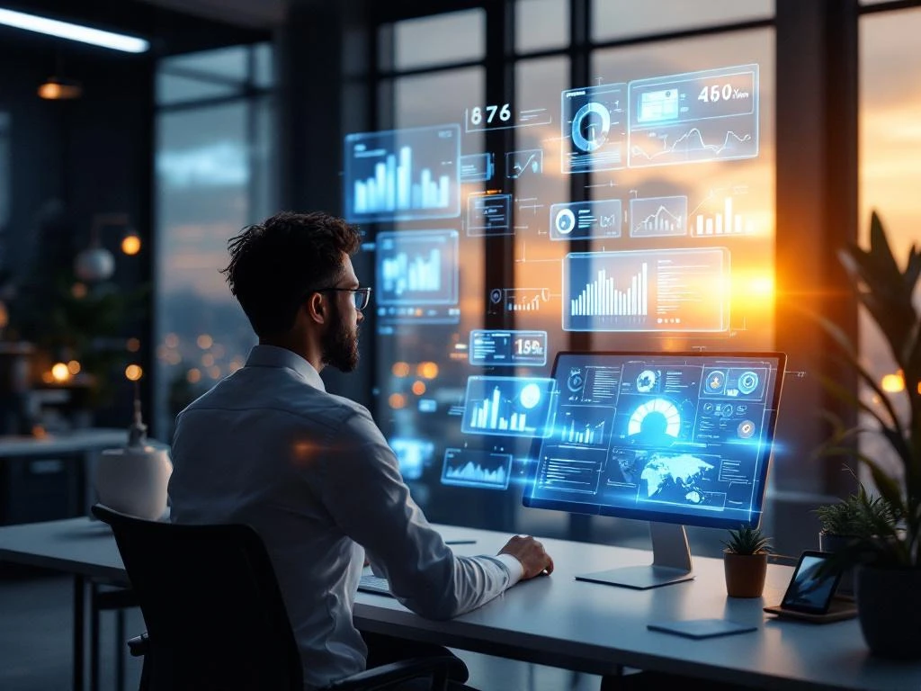 Marketingprofessional en holografische AI-assistent werken samen aan zwevende data-analyses in futuristisch kantoor met paarse en blauwe grafieken in warm ochtendlicht.