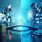 Contrasterende weergave van traditionele marketing naast AI-gestuurde digitale marketing, verbonden door een symbolische brug die evolutie aantoont.