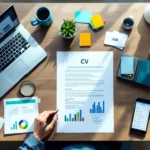 Professionele werkruimte met CV-document, laptop met SEO-analyses, zoekwoord kaarten en smartphone met vacatures op een houten bureau in een zakelijke blauwe en groene stijl.