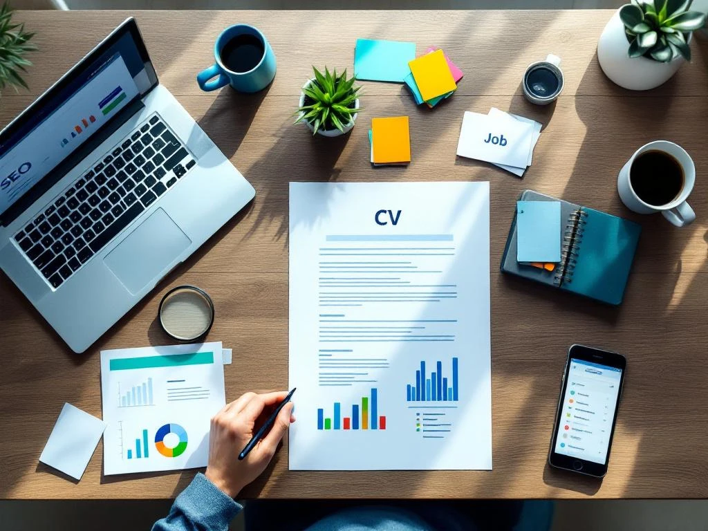 Professionele werkruimte met CV-document, laptop met SEO-analyses, zoekwoord kaarten en smartphone met vacatures op een houten bureau in een zakelijke blauwe en groene stijl.