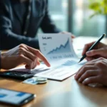 Handen tijdens SEO-salarisonderhandeling met document, calculator, eurobiljetten en apparaten die SEO-prestaties tonen op een houten bureau