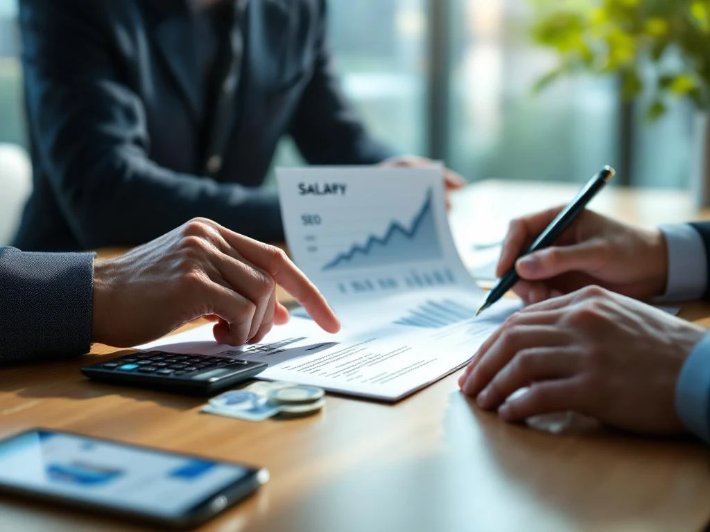 Handen tijdens SEO-salarisonderhandeling met document, calculator, eurobiljetten en apparaten die SEO-prestaties tonen op een houten bureau