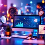 Moderne SEO-werkruimte met analysedashboard, omringd door objecten die digitale marketingvaardigheden symboliseren, tegen een vervaagde stadsskyline.