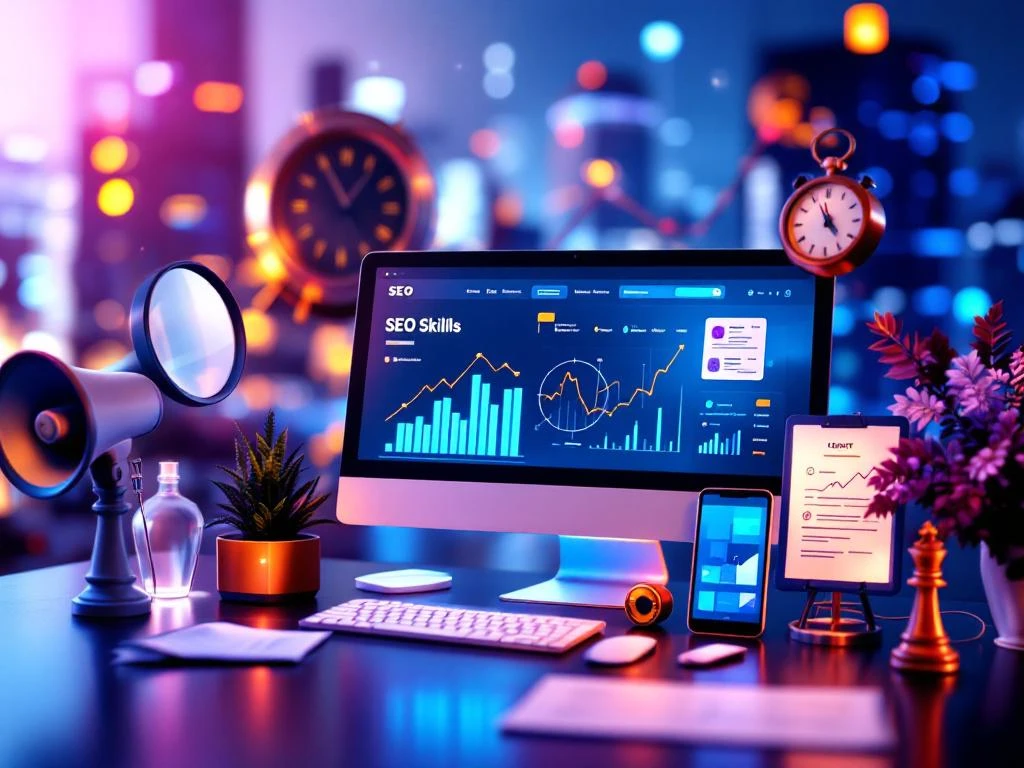 Moderne SEO-werkruimte met analysedashboard, omringd door objecten die digitale marketingvaardigheden symboliseren, tegen een vervaagde stadsskyline.