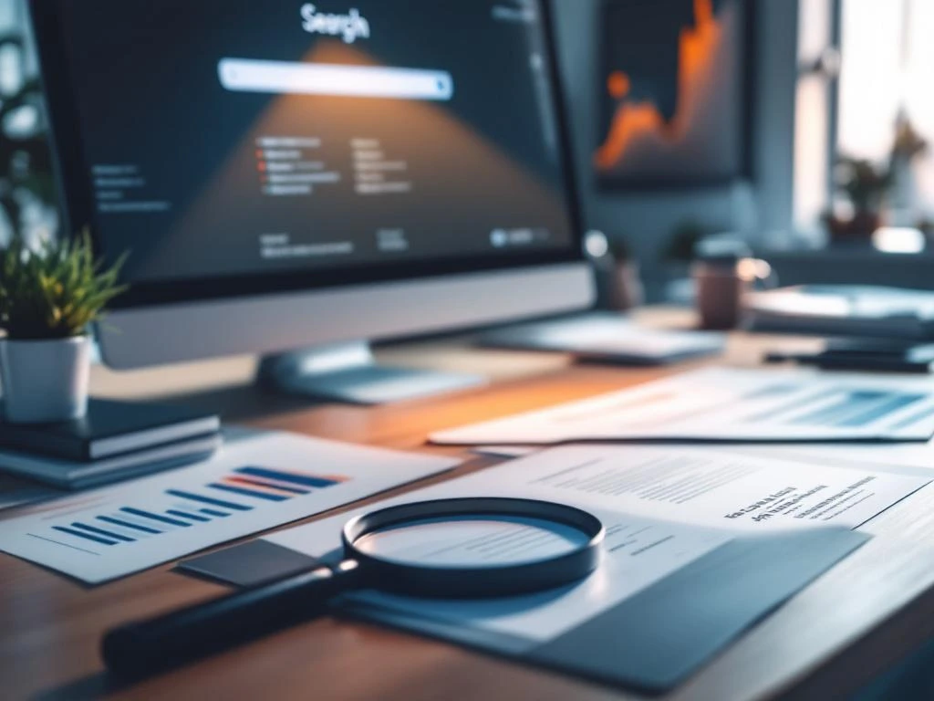 Professionele werkplek met computerscherm waarop één zoekresultaat opvalt, SEO-analyses, cv en sollicitatiedocumenten met een loep die zoekwoorden benadrukt.