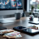 Professionele werkruimte met computer toont sociale media-analyses, smartphone, eurobriefjes in portemonnee en koffiekop onder Nederlands daglicht.