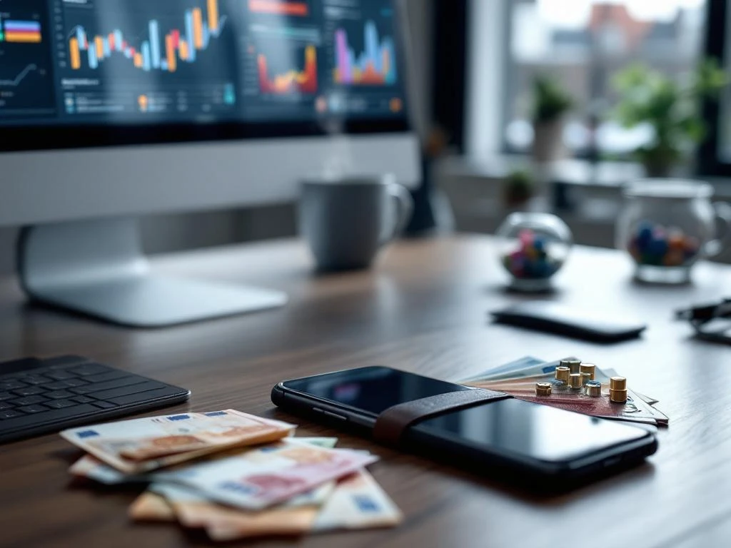 Professionele werkruimte met computer toont sociale media-analyses, smartphone, eurobriefjes in portemonnee en koffiekop onder Nederlands daglicht.
