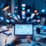Professionele werkruimte met smartphones en tablets die sociale media tonen, handen typen op laptop met analysegegevens, loopbaanontwikkeling op achtergrond, in blauw-groene tinten.