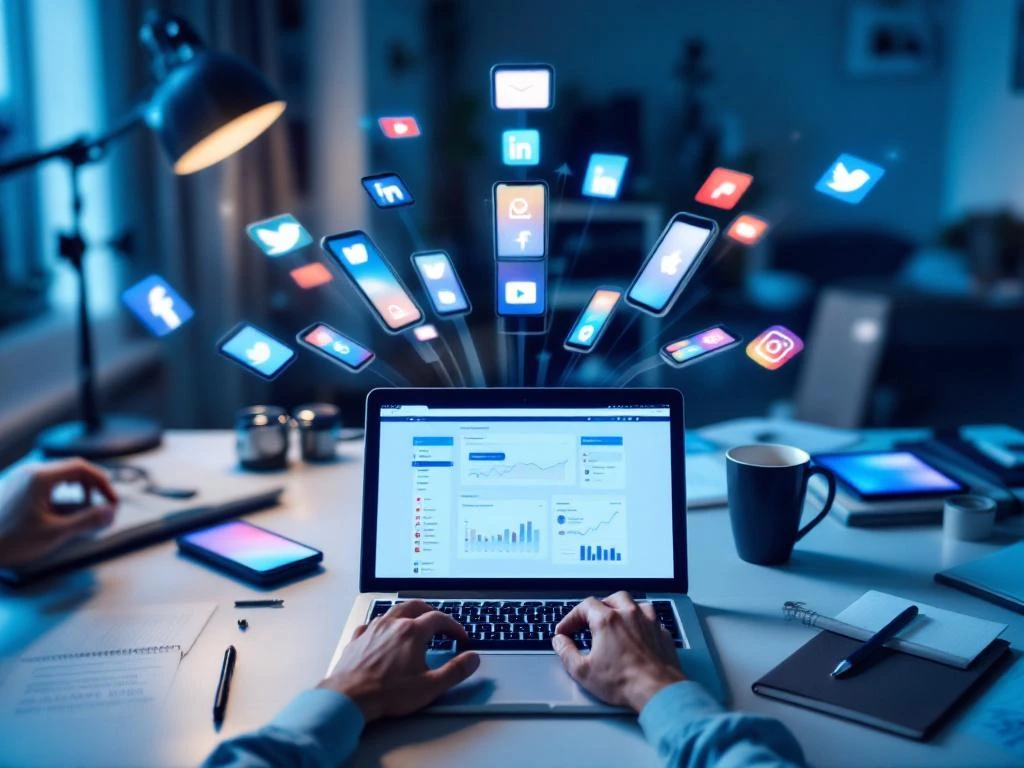 Professionele werkruimte met smartphones en tablets die sociale media tonen, handen typen op laptop met analysegegevens, loopbaanontwikkeling op achtergrond, in blauw-groene tinten.