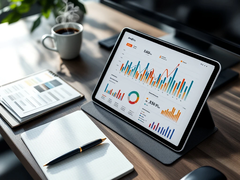 Analytisch dashboard op premium tablet met stijgende grafieken, marketingstrategiekaarten en notitieboek op modern bureau met koffiekop in natuurlijk licht.