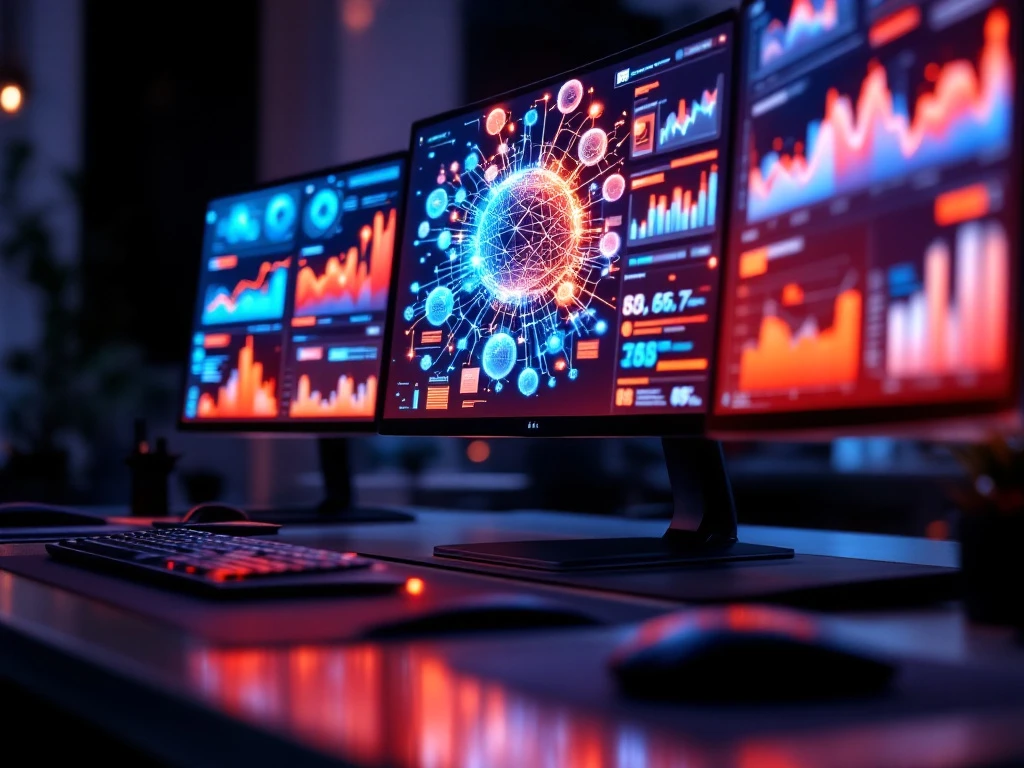 Moderne werkruimte met analytics-dashboards, centraal een 3D-visualisatie van marketinggegevens in blauwe en oranje tinten.