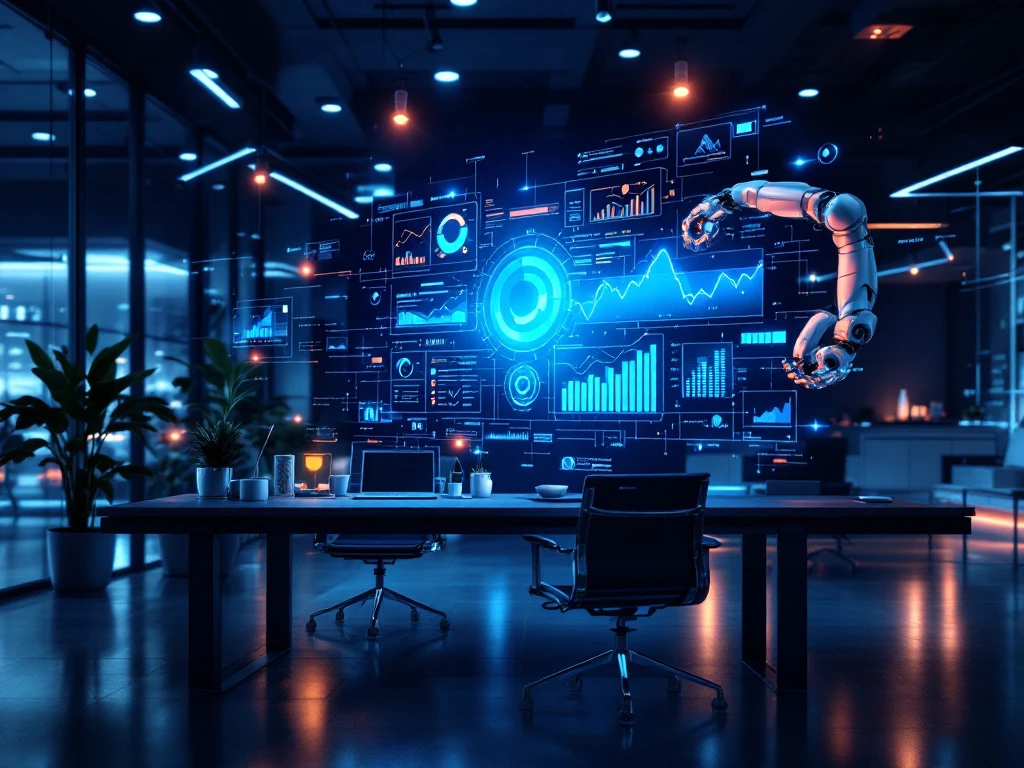Holografisch marketingdashboard zweeft boven futuristisch kantoor terwijl een robotische arm de datavisualisaties manipuleert in blauw-paarse verlichting.