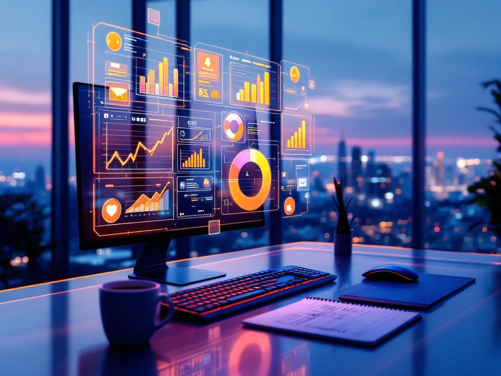 Futuristische werkruimte met holografische marketinganalyses, strak bureau en stadspanorama bij schemering, verlicht door blauw-paarse tinten en oranje datavisualisaties.