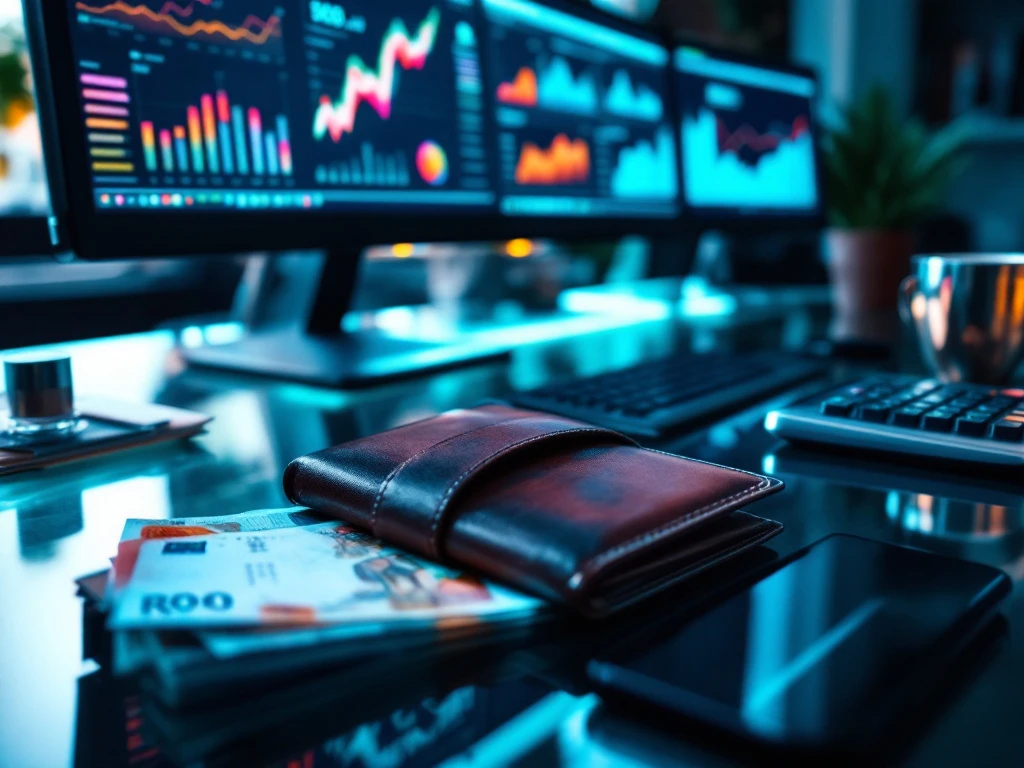 Moderne werkruimte met marketinganalyses op schermen, portemonnee met euro's en smartphone die ROI toont in professionele blauwe verlichting.