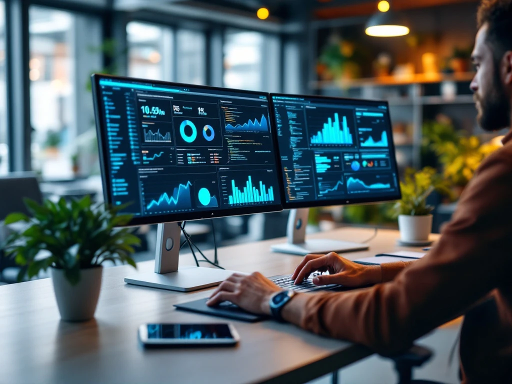 Professionele digitale marketing werkplek met monitors voor data-analyse en programmeercode, smartphone met advertentiestatistieken en laptop in modern kantoor.