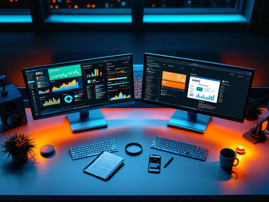 Moderne marketingwerkplek met twee schermen: links performance marketing-analyses, rechts PPC-campagnes, met een vergrootglas dat de overlap benadrukt.