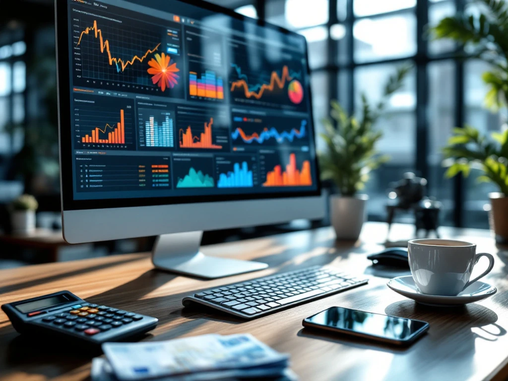 Moderne werkplek met computer die social media-analyses toont, eurobiljetten en rekenmachine, in een professioneel digitaal marketingbureau met Careera's wervingsfocus.