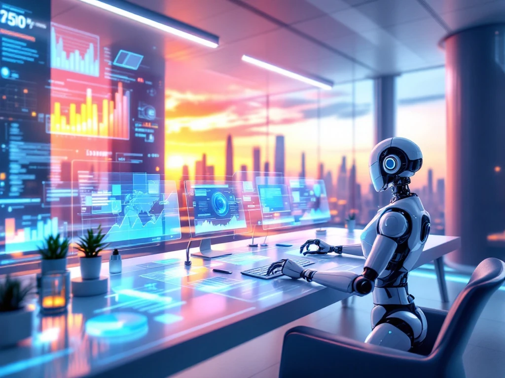Futuristisch marketingcommandocentrum met holografische dashboards, AI-visualisaties en een robotarm die samenwerkt met menselijke tools tegen een digitale skyline van 2025.