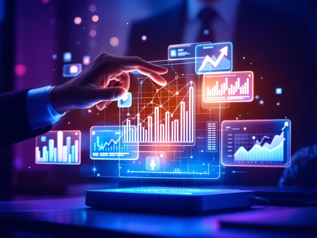 Futuristische werkruimte met holografische social media-interfaces die analyticsdashboards tonen. Een hand reikt naar een netwerktechnologie in een professionele blauw-paarse omgeving.