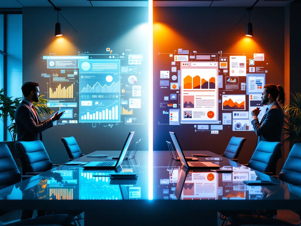 Contrasterende marketing werkruimtes: data-gestuurde performance omgeving naast traditionele branding setup, verbonden door reflecterende vergadertafel.