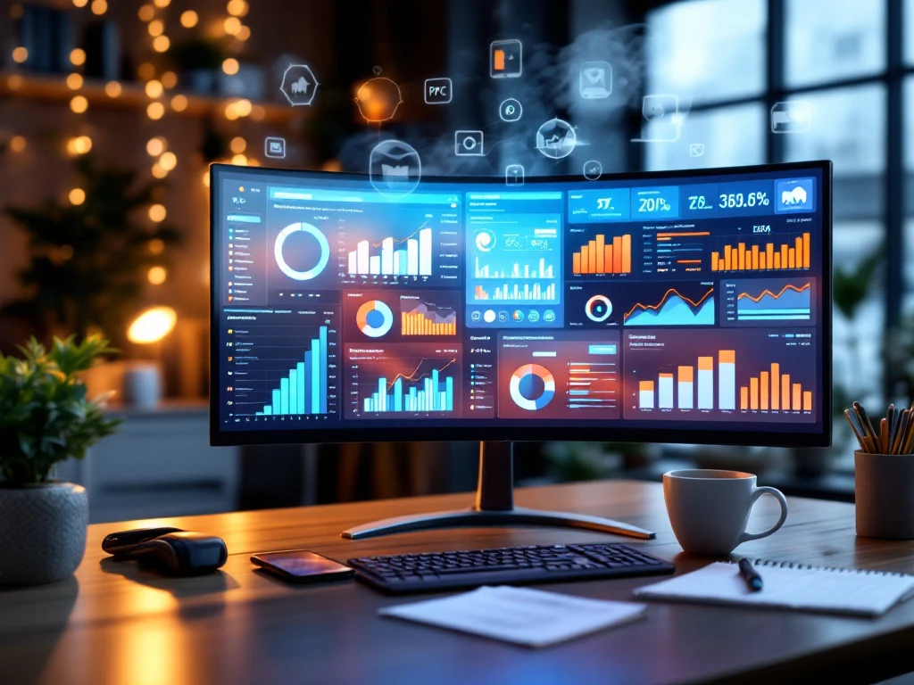 Moderne marketingwerkplek met ultrawide monitor vol analytics-dashboards, smartphone met campagnemetrieken en holografische marketingpictogrammen in professioneel blauw-oranje licht.