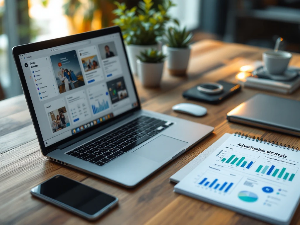 Elegante bureauopstelling met laptop toonend social media, notitieblok met advertentiestrategie en smartphone met campagnestatistieken in warm ochtendlicht.