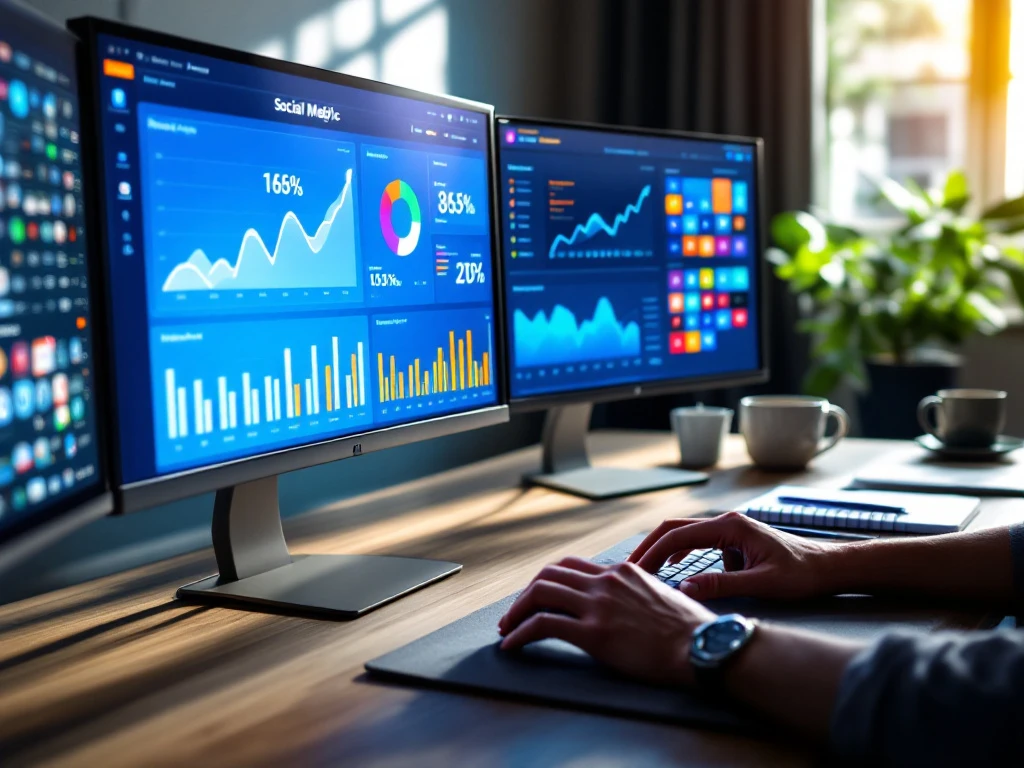 Professionele werkruimte met monitoren die social media-analyses tonen, opwaartse prestatiegrafieken, platformpictogrammen, een koffiekop en strategienotities in natuurlijk licht.