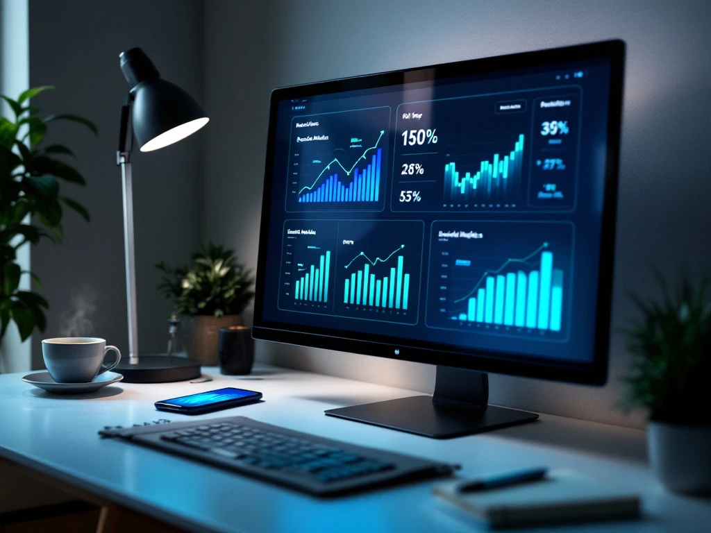 Professionele werkruimte met monitor die sociale media-analyses en ROI-grafieken weergeeft, smartphone, koffiekop en notitieboek in stijlvolle omgeving.