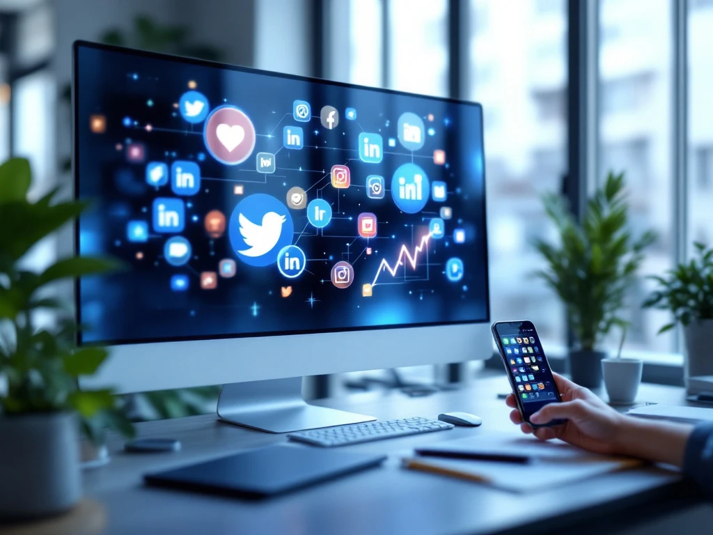 Moderne social media werkplek met holografisch beeldscherm, laptop en smartphone, omringd door datavisualisaties en advertentieschetsen in professionele blauwtinten.