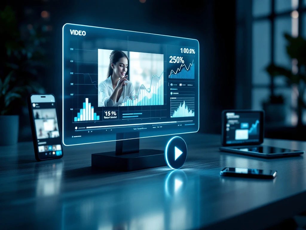 Moderne werkruimte met digitaal scherm voor videoadvertenties op sociale media, omringd door apparaten en stijgende analysegrafieken