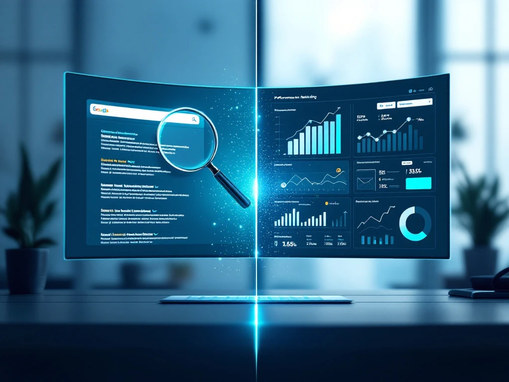 Split-screen vergelijking tussen SEA en performance marketing met zoekresultaten links en analytische dashboards rechts, verbonden door digitale elementen