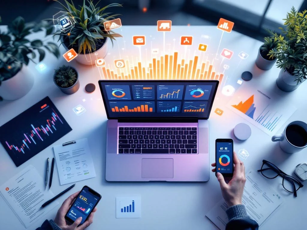 Laptop met AI-dashboard en analytics op moderne werkplek met marketingmaterialen en smartphone met social media metrics