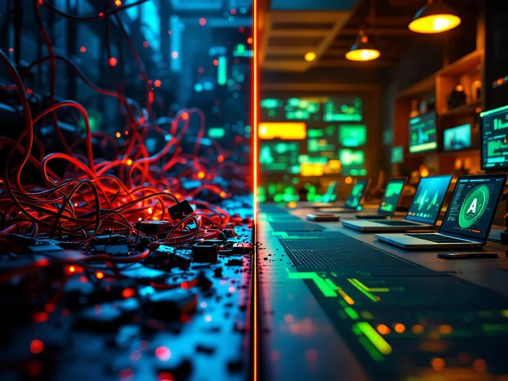 Split-screen vergelijking van AI marketing mislukking met rode kabels en fouten versus succesvol georganiseerd werkplek