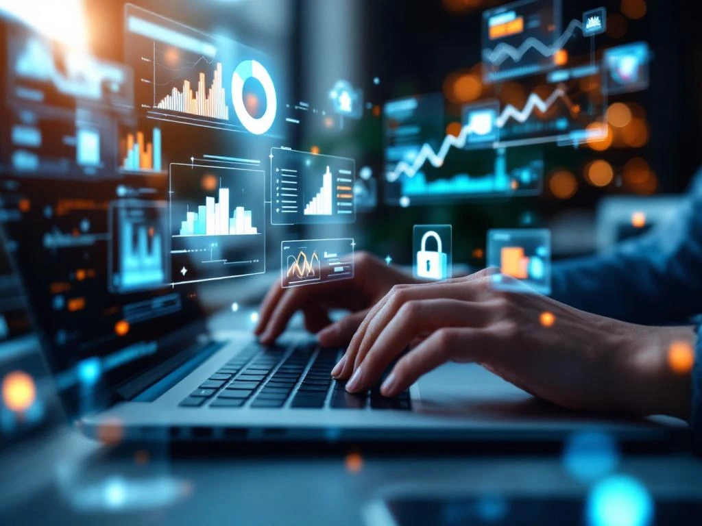 Handen typen op laptop met zwevende holografische AI-analytics dashboards en marketinggrafieken in moderne werkruimte