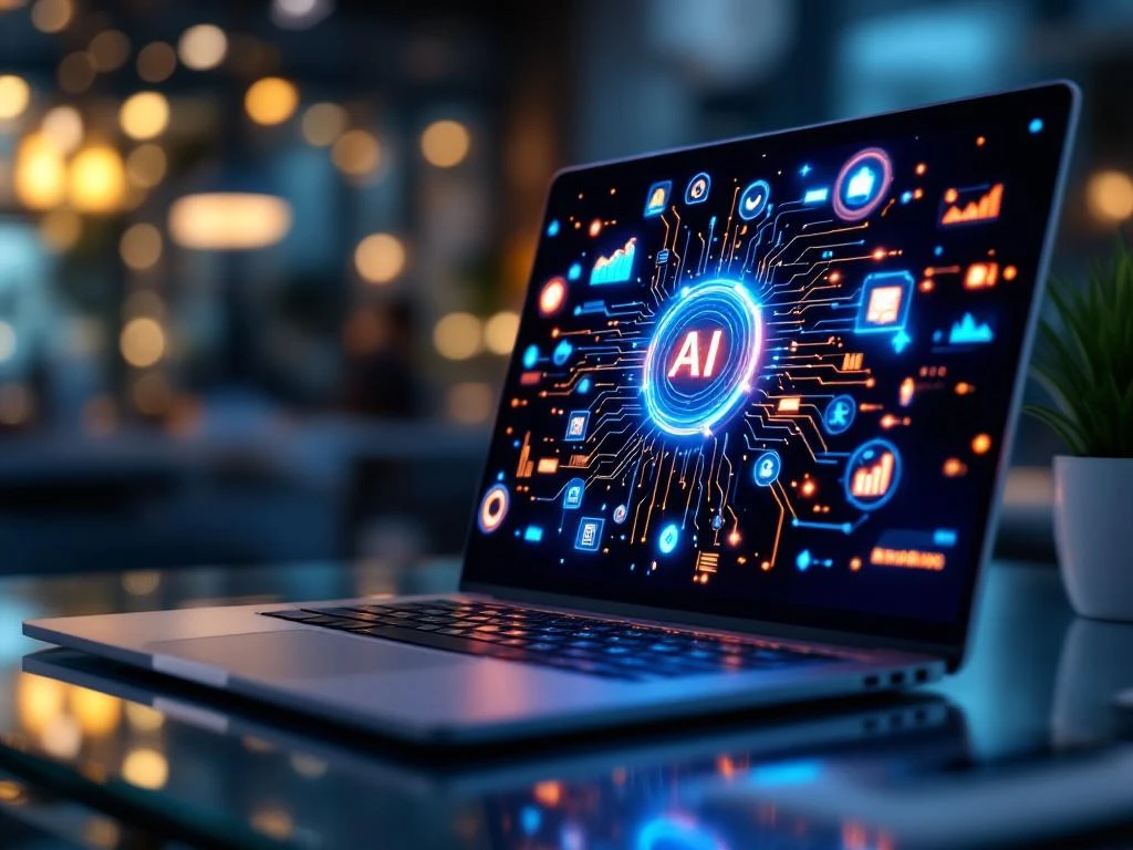Laptop met AI-circuits op scherm en holografische marketingiconen op glazen bureau in moderne kantooromgeving