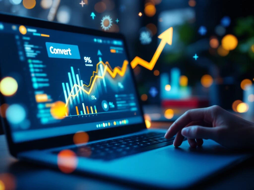 Laptop toont website analytics dashboard met stijgende conversie grafieken en muis boven Convert knop op modern bureau