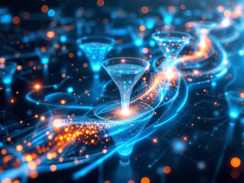 Luchtfoto van digitaal netwerk met gloeiende datastromen, conversietrechters en analytics dashboards in blauw-oranje licht