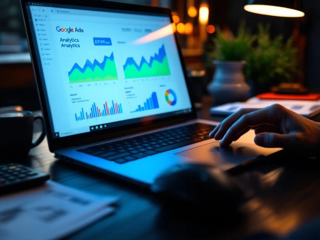 Laptop toont Google Ads analytics dashboard met stijgende grafieken en prestatiemetrieken op professioneel bureau