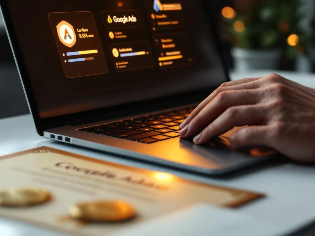 Handen typen op laptop met Google Ads certificering interface en gouden certificaat op wit bureau