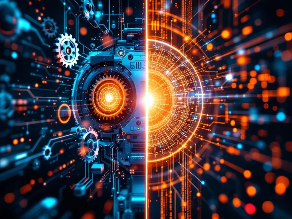 Split-screen vergelijking van traditionele marketing automatisering met tandwielen versus moderne AI met neurale netwerken