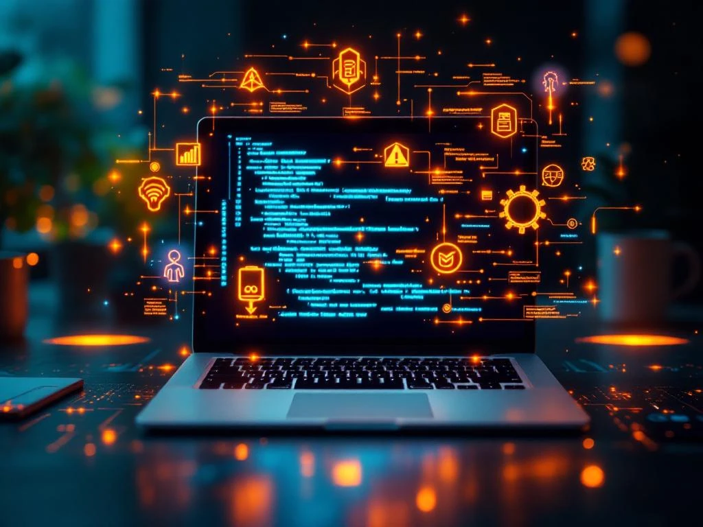 Moderne werkplek met laptop die AI-interface toont en zeven holografische prompt engineering tools boven toetsenbord