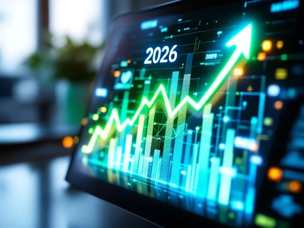 Computermonitor toont SEO analytics grafieken met stijgende pijlen en holografische 2026 data visualisaties op modern bureau