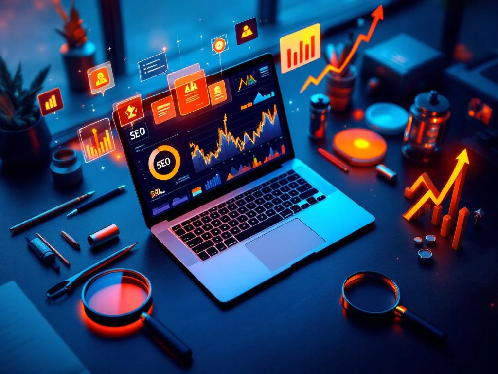 Laptop toont SEO-analytics dashboards met grafieken, omringd door digitale marketingtools en zoekpictogrammen op werkplek